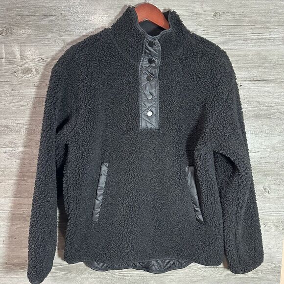 ATHLETA Cozy Sherpa Snap Sweatshirt Size Small Black Puffer Back - Picture 1 of 8